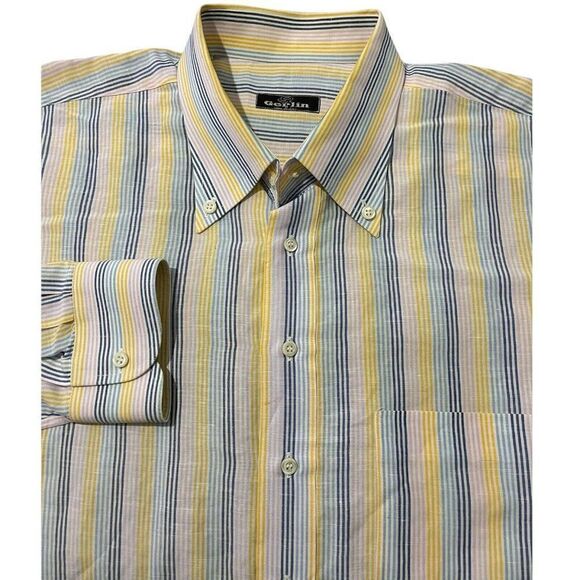 GERLIN Dress Shirt Pink Yellow Blue Stiped Made in Italy Linen Cotton Size 2XL - Picture 6 of 12